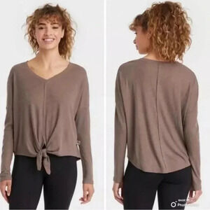 JoyLab Athletic Waffle Knit Tie Front Brown Long Sleeve Top Womens Size Medium